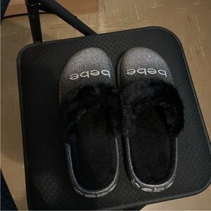 Bebe Charcoal and Black Plush Slippers